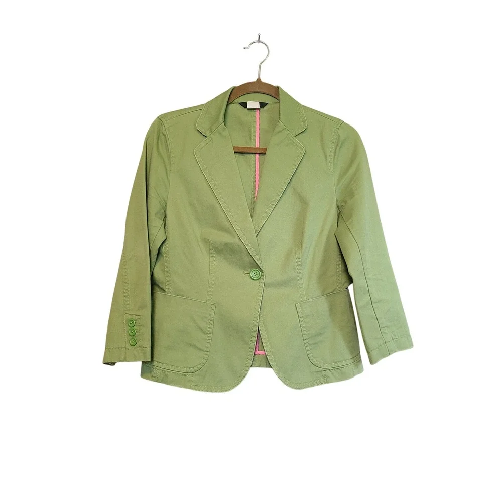 VTG Y2K J Crew Single Button Blazer Women S Cotton Twill Lime Green 3/4 Sleeve